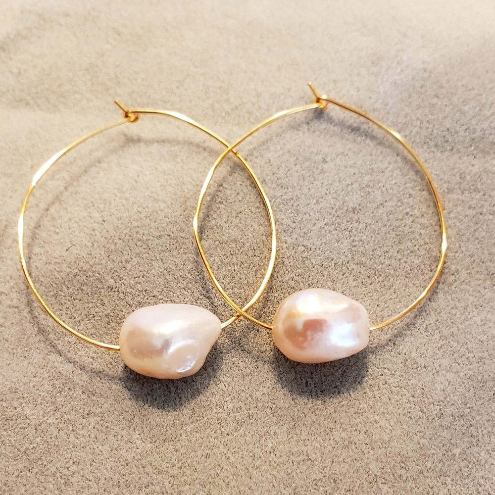 Handmade floating pearl hoop earrings